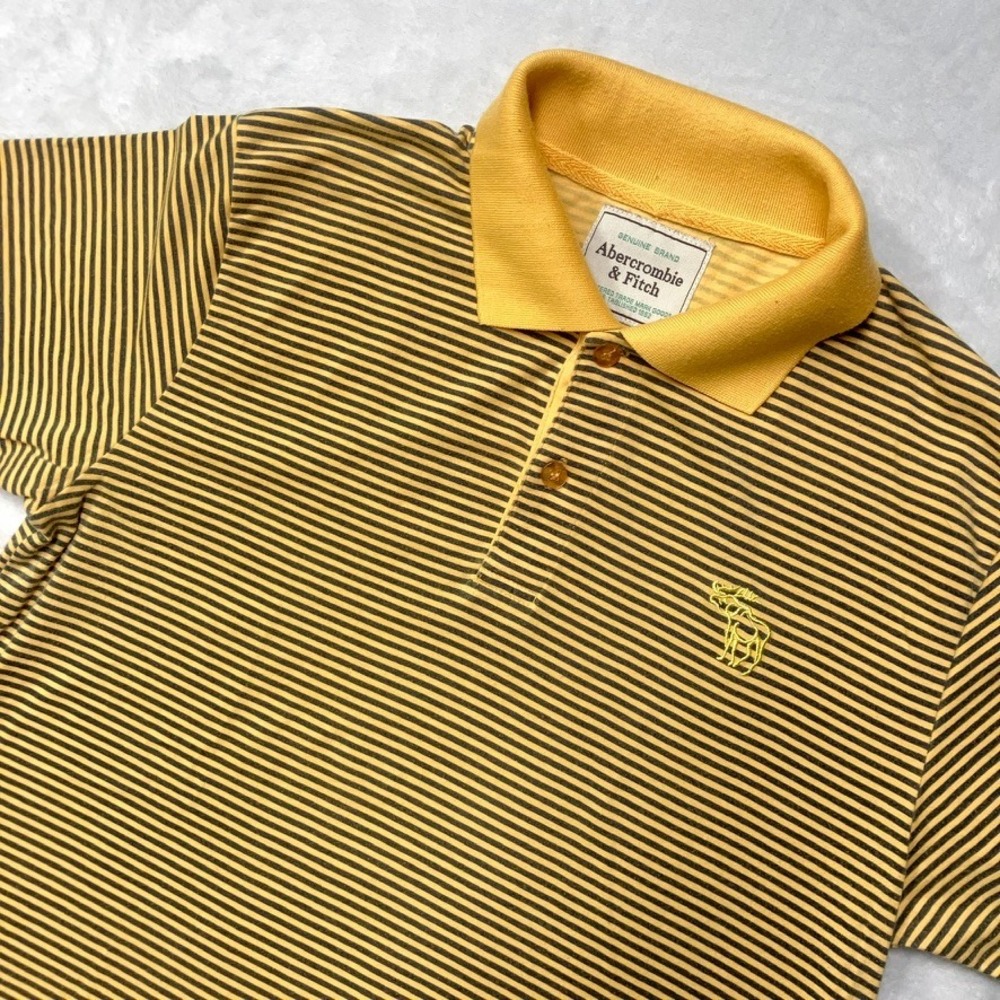 Abercrombie & Fitch Polo Shirt Mens L Yellow Striped Short Sleeve Moose Logo